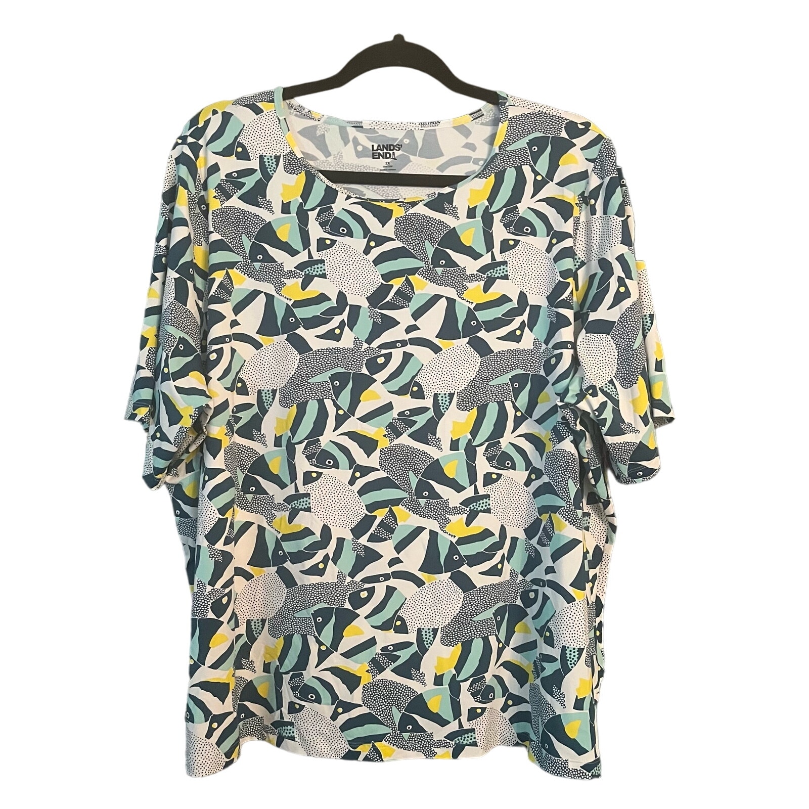 Lands End Womans Shirt Blouse Top Fish Print 2x Cap Sleeve Nautical Beachy